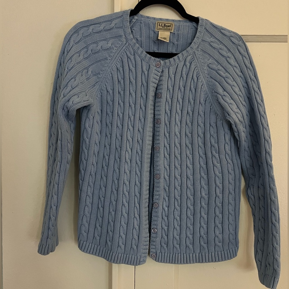 VINTAGE LL BEAN LIGHT BLUE CABLE KNIT CARDIGAN